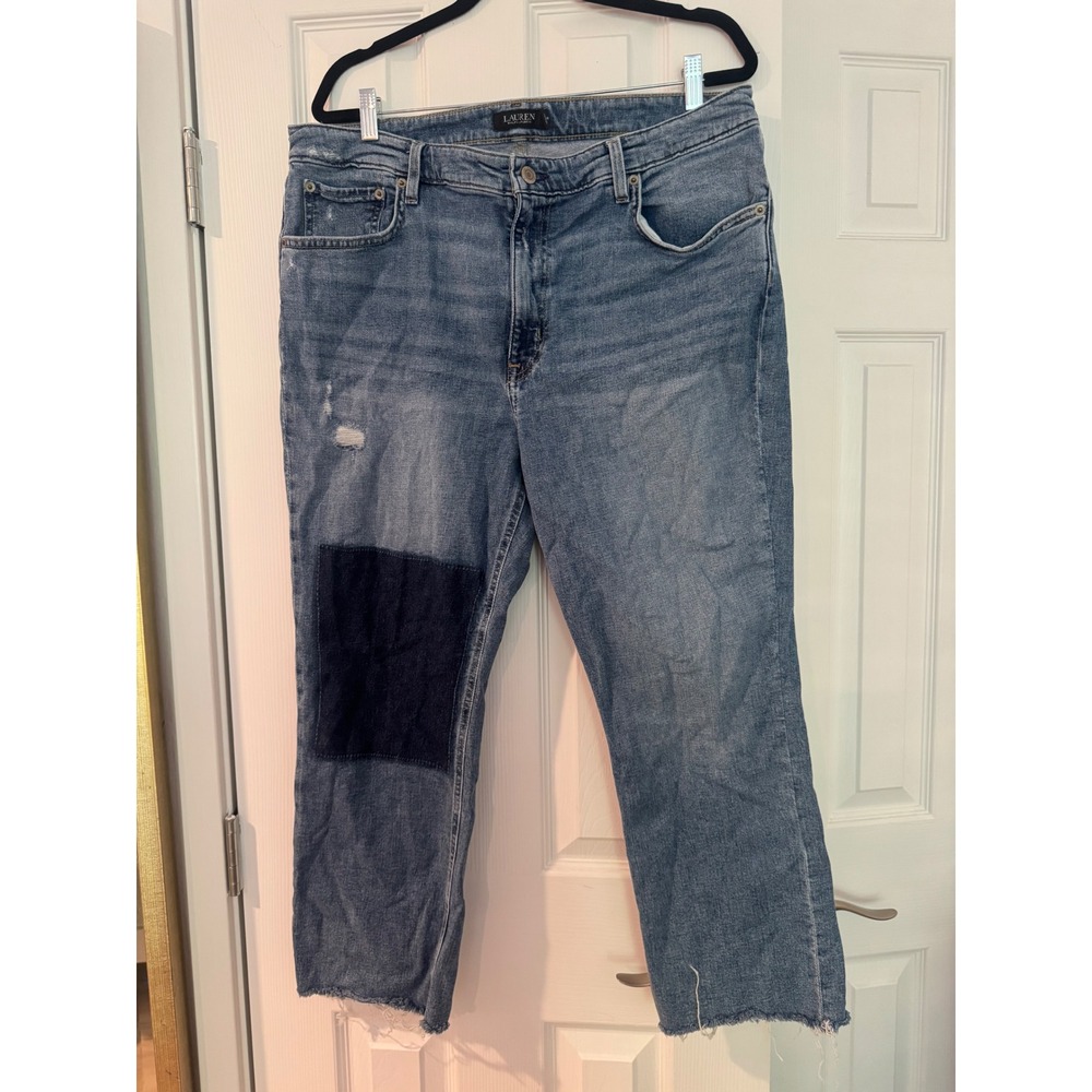 Lauren Ralph Lauren blk label Patchwork StraightLeg Jeans Blue Distressed Hem 16